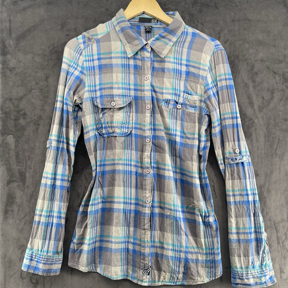 Y2K FOX Racing Women's L Plaid Shirt Blue Gray Long Sleeve 100% Cotton
